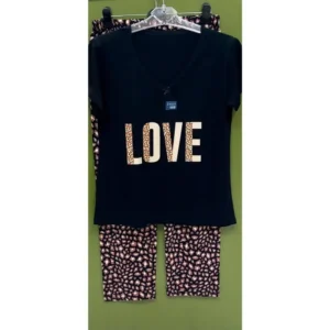 ست تی شرت و شلوار نخی پلنگی برند ویوانا طرح Love سایز L تا 2XL