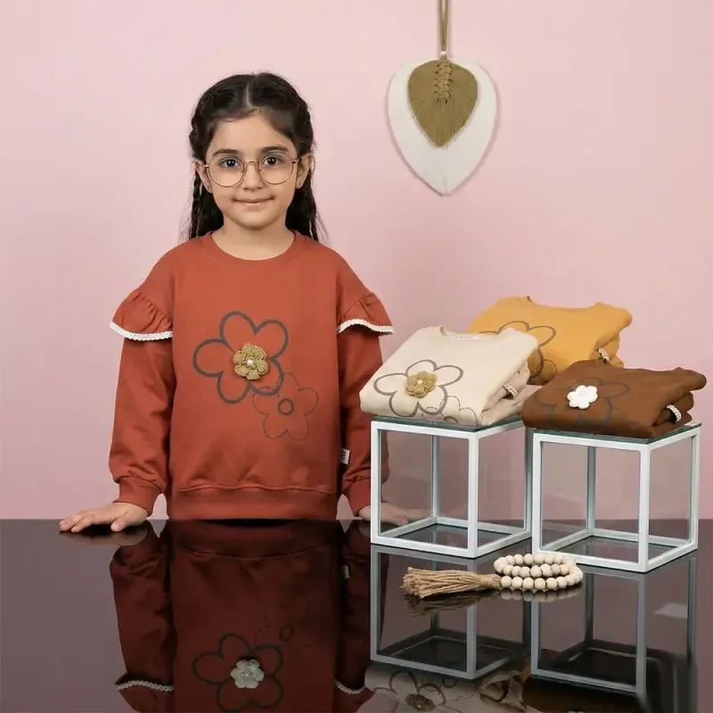 بلوز دخترانه طرح گل بالکدار نسکافه ای