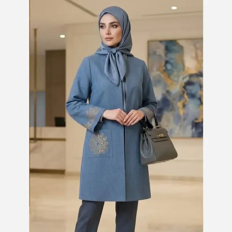 مانتو زنانه شانتون اسلپ گلدوزی شده مدل راز قد 91 سایز بزرگ تا 56