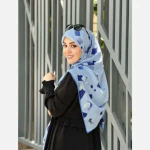 روسری نخ کاستوم طرح باران سایز 140 آبی هندسی اسپرت