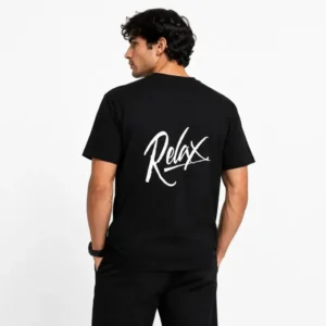 تیشرت یقه گرد مشکی طرح RELAX Signature جین وست نخ پنبه چهار فصل روزمره کژوال استریتویر