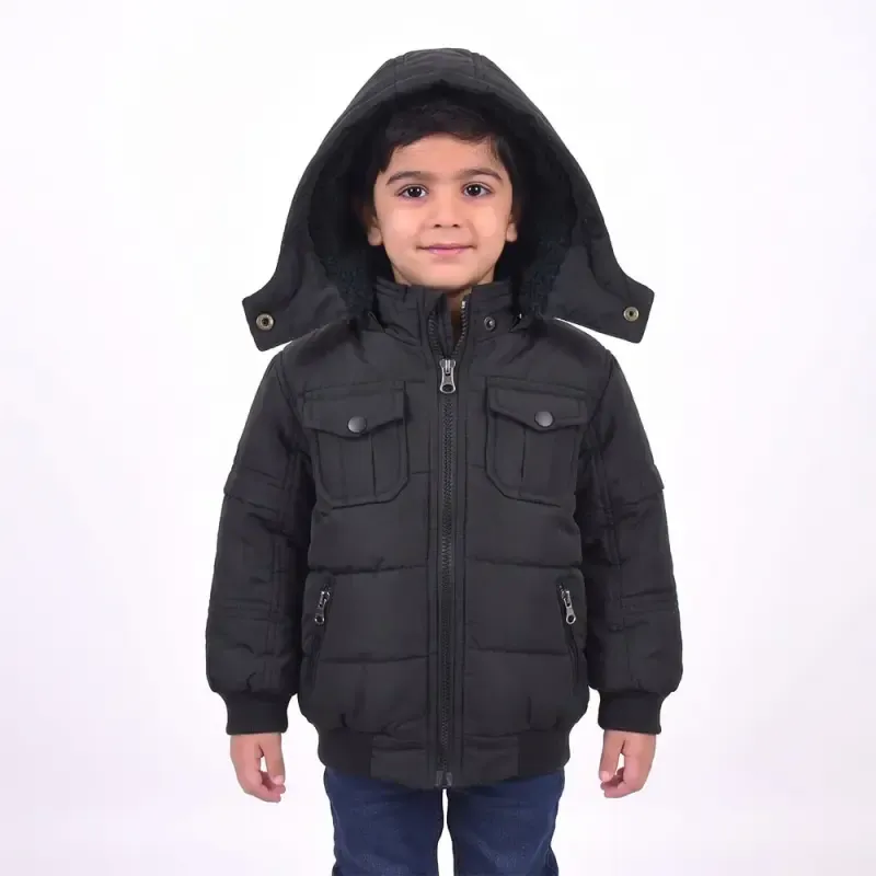 کاپشن پسرانه چهار جیب مشکی آستر خز شمعی پاییزه و زمستانه