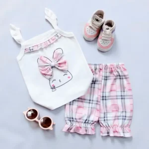 تاپ شورت نوزادی دخترانه طرح خرگوش چهارخونه صورتی جنس پنبه ای