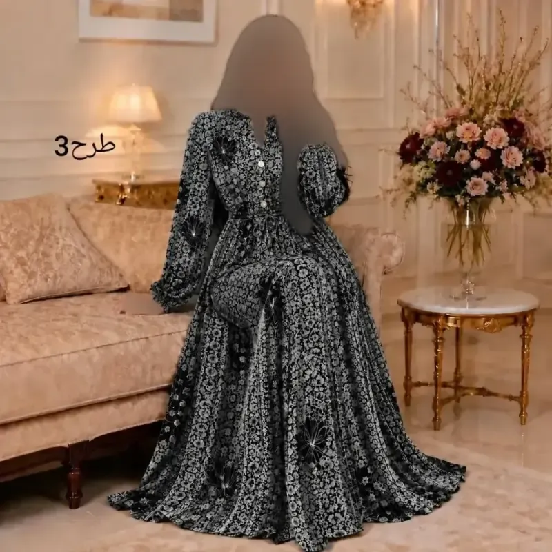 پیراهن بلند زنانه الیزه طرح دار کمر گت مدل مهسا