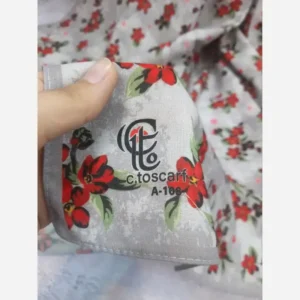 روسری نخ کاستوم طرح چیچک گل سرخ طوسی قواره بزرگ 140 سانتیمتر